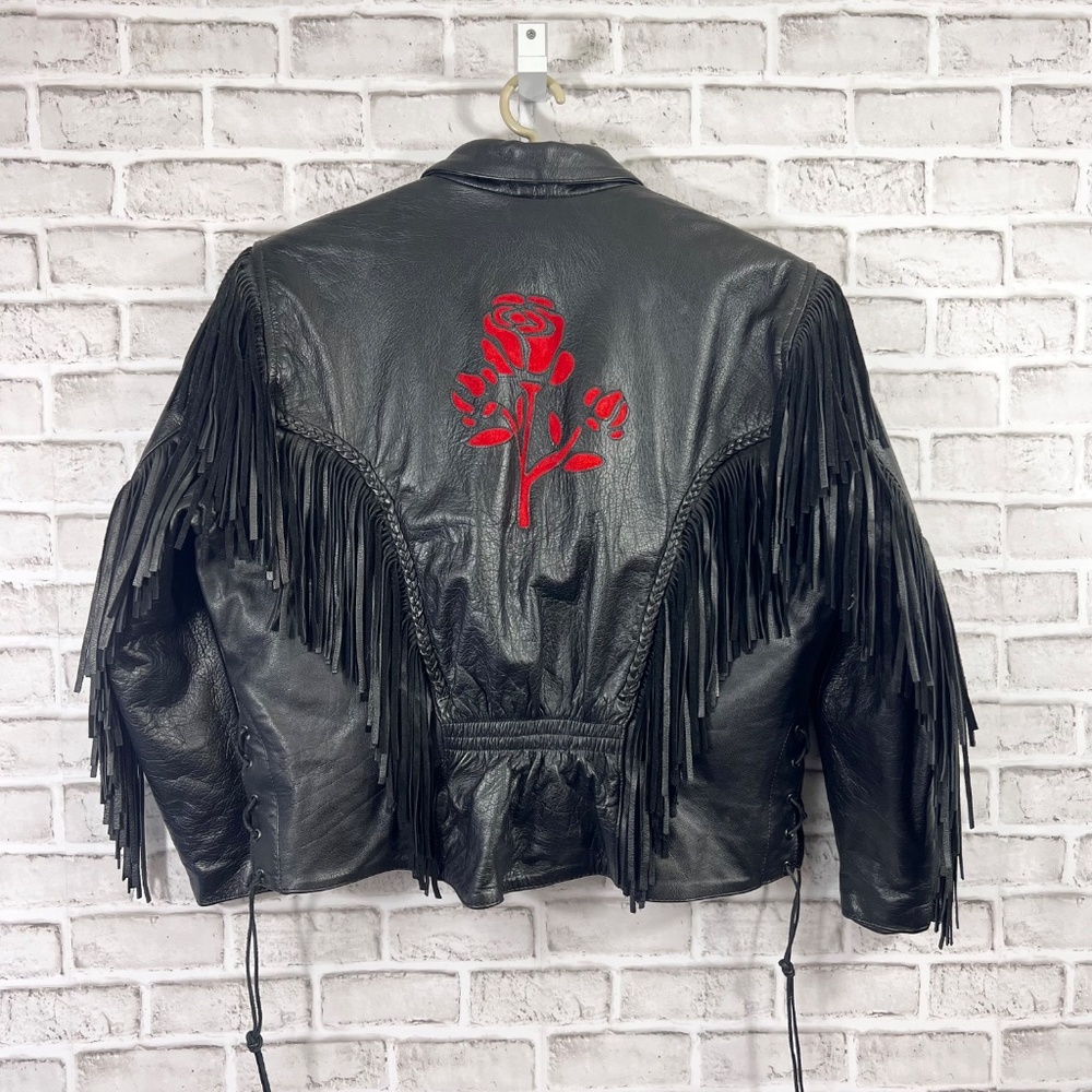 🚫SOLD! 🏍️🌹|•INTERSTATE LEATHER•| Rose Inlay Fringe Heavy Black Leather Jacket Si - Picture 3 of 15